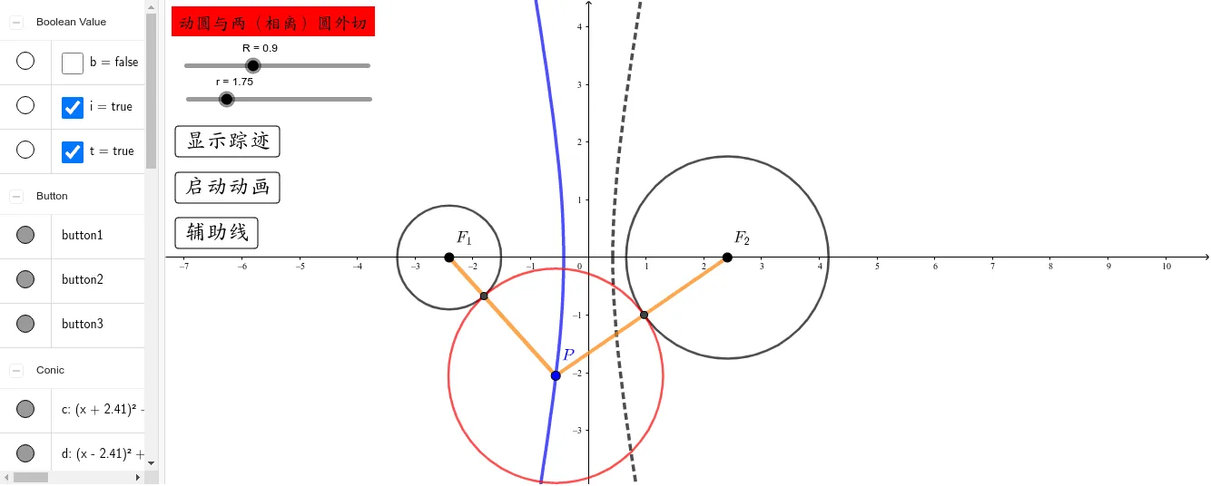 Locus of a Moving Circle Externally Tangent to Two Separated Circles